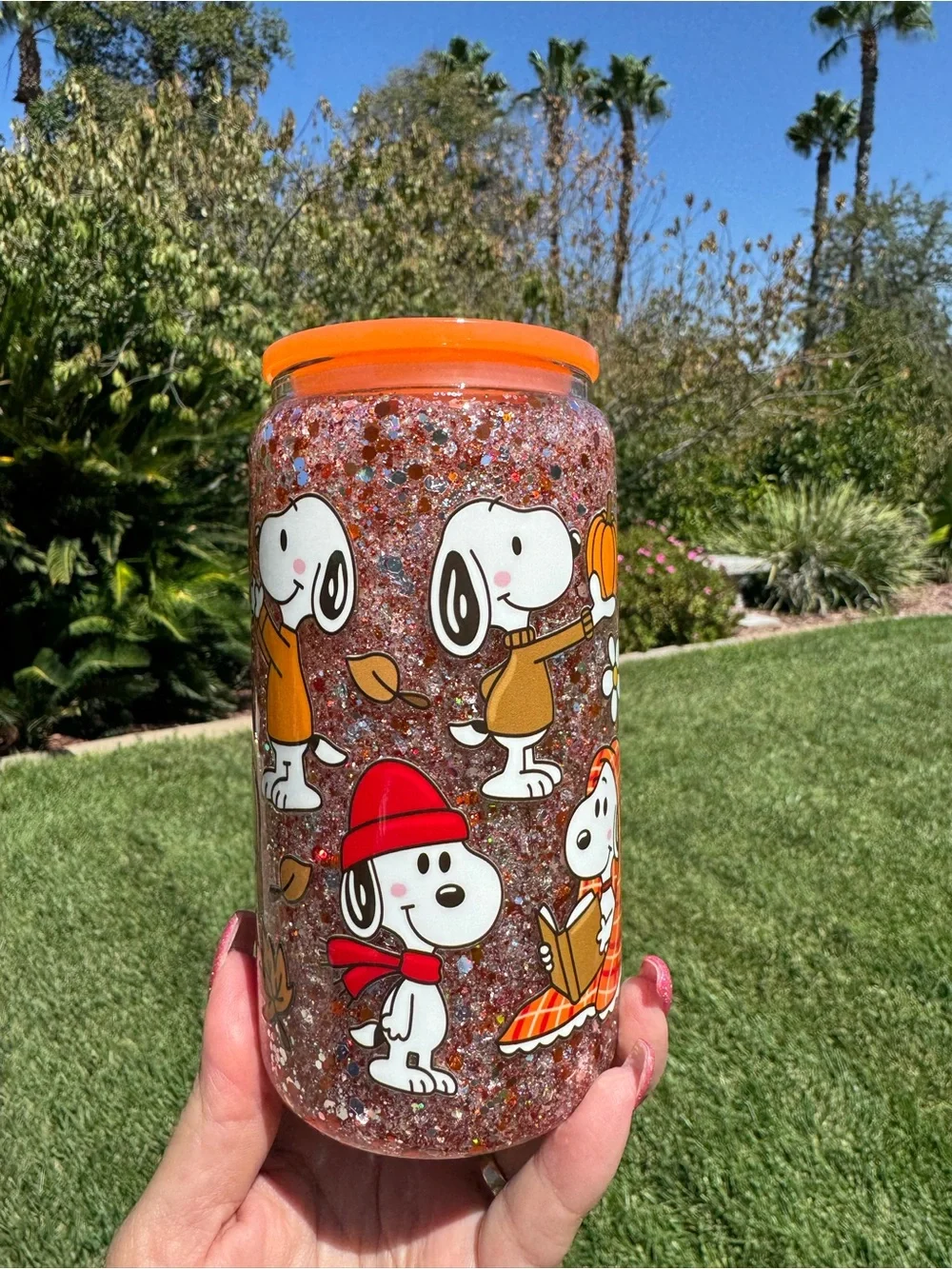 Snoopy Fall autumn snow globe glass Tumble 16oz